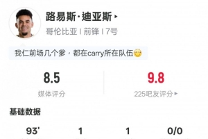 路易斯·迪亞斯此役表現(xiàn)：助攻得分+1次封堵2次突破成功2次關(guān)鍵傳球，評(píng)分8.5