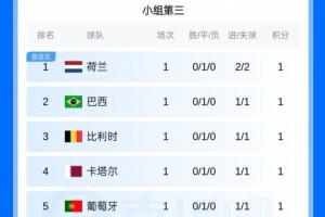 前八名晉級(jí)！小組第三名：荷蘭、巴西、比利時(shí)、葡萄牙、西班牙位列前八